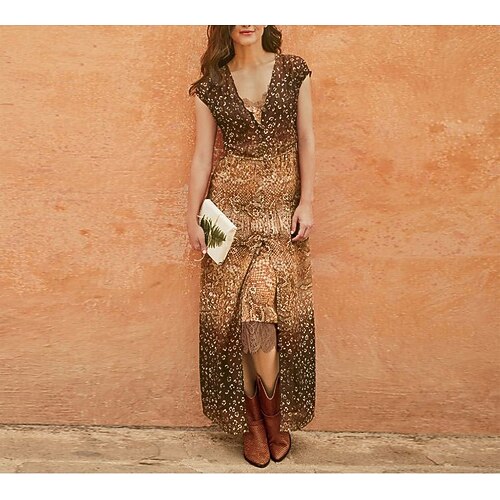 

Women's Sheath Dress Maxi long Dress Yellow Short Sleeve Print Zipper Print Fall Summer V Neck Stylish Fashion Modern 2022 S M L XL