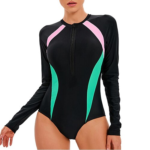 

Women's Rash Guard One Piece Swimsuit UPF50 Quick Dry Lightweight Long Sleeve Bodysuit Bathing Suit Front Zip Swimming Surfing Beach Water Sports Patchwork Summer