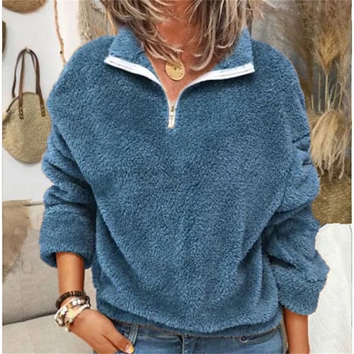

Women's Sweatshirt Pullover Sherpa Fleece Teddy Zip Up Blue Purple Wine Solid Color Color Block Street Long Sleeve Fleece S M L XL XXL 3XL