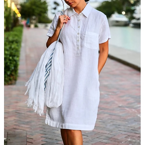 

Women's Casual Dress Shirt Dress Midi Dress Blue Pink Khaki Short Sleeve Pocket Spring Summer Shirt Collar Loose Fit Linen S M L XL XXL 3XL 4XL 5XL