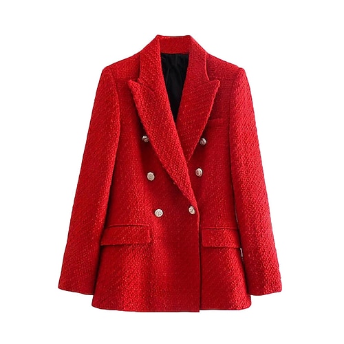 

Women's Blazer Windproof Warm Outdoor Work Going out Button Pocket Double Breasted Lapel OL Style Elegant Modern Office / career Solid Color Regular Fit Outerwear Long Sleeve Winter Fall Red XS S M L