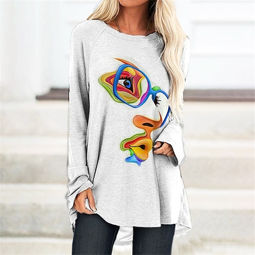 

Women's T Shirt Dress Tee Dress Shift Dress Knee Length Dress White Red Long Sleeve Abstract Print Fall Winter Crew Neck Casual Vacation 2022 S M L XL XXL 3XL / Casual Dress