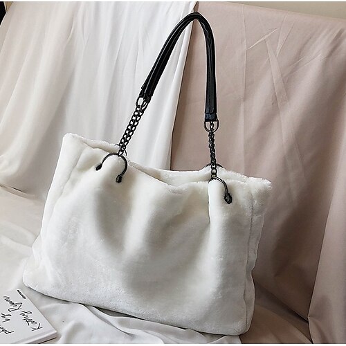 

Women's Fluffy Bag Plush Bag Shoulder Bag Handbag Chiffon Zipper Solid Color Shopping Daily White Black Blue Gray