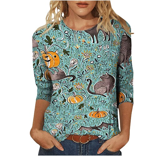 

Women's T shirt Tee Pumpkin Halloween Casual Weekend T shirt Tee Long Sleeve Print Round Neck Basic Halloween Green White Gray S / 3D Print