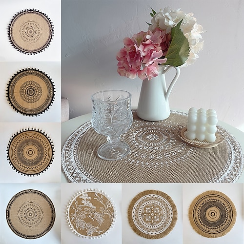 

Round Placemat White Table Mats Farmhouse Woven Jute Fringe with Tassel Place Mat for Dining Room Kitchen Wedding Table Decor Mandala