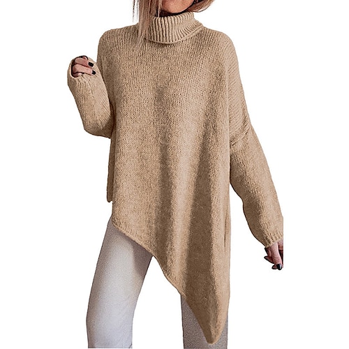 

Women's Pullover Sweater jumper Jumper Ribbed Knit Knitted Asymmetric Hem Pure Color Turtleneck Stylish Casual Outdoor Daily Winter Fall Army Green Khaki S M L / Long Sleeve / Holiday / Regular Fit