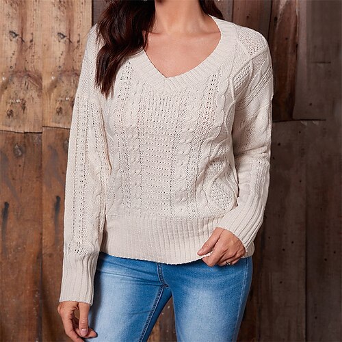 

Women's Pullover Sweater Jumper Cable Knit Knitted Pure Color V Neck Stylish Casual Daily Holiday Fall Winter White S M L / Long Sleeve