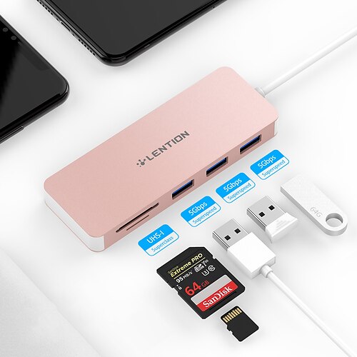

LENTION USB C Hub with 3 USB 3.0 & SD/Micro SD Card Reader Compatible with 2022-2016 MacBook Pro New Mac Air/iPad Pro/Surface More Stable Driver Certified Type C Adapter