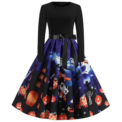 

Women's A Line Halloween Dress Swing Dress Knee Length Dress Black Long Sleeve Abstract Skull Pumpkin Bow Print Fall Winter Crew Neck Stylish Vintage 2022 S M L XL XXL