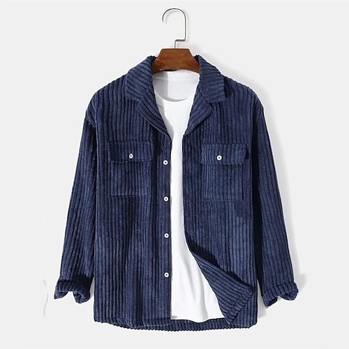 

Men's Shirt Overshirt Thick Shirt Corduroy Shirt Shirt Jacket Solid Color Turndown Navy Blue Long Sleeve Street Daily Button-Down Tops Fashion Casual Comfortable