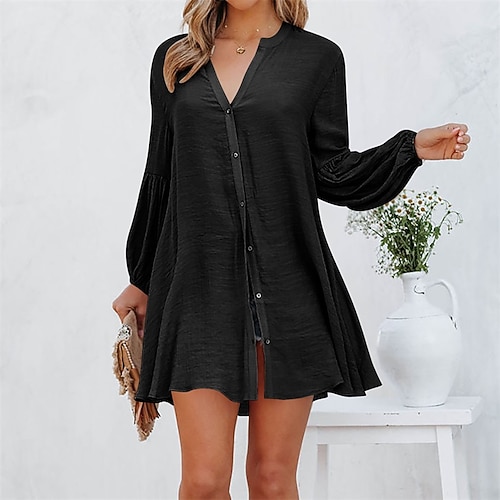 

Women's Shift Dress Casual Dress Short Mini Dress Green White Black Gray Camel Long Sleeve Pure Color Patchwork Button Fall Winter V Neck Casual Loose 2022 S M L XL XXL 3XL / Cotton