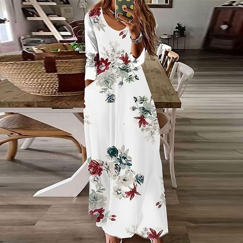 

Women's Casual Dress Boho Dress Long Dress Maxi Dress White Light Grey Long Sleeve Floral Pocket Summer Spring U Neck Boho Winter Dress Fall Dress 2023 XS S M L XL XXL 3XL 4XL 5XL 6XL