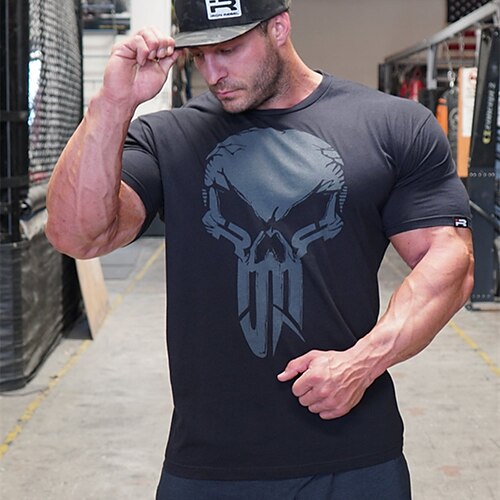 

Herre Løbe-T-shirt Gymnastiktrøje Kortærmet T-shirt Atletisk Bomuld Åndbart Svedtransporende Blød Gym Træning Løb Aktiv træning Sportstøj Sportstøj Dødningehoveder Sort Hvid militærgrøn