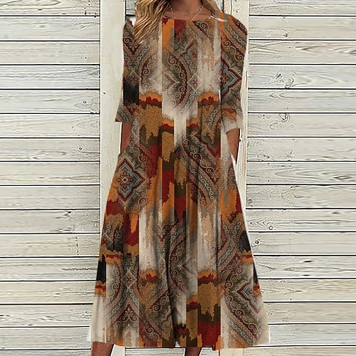 

Women's Casual Dress Shift Dress Midi Dress Blue Red 3/4 Length Sleeve Geometric Ruched Print Fall Winter Round Neck Casual Vacation 2022 S M L XL XXL 3XL