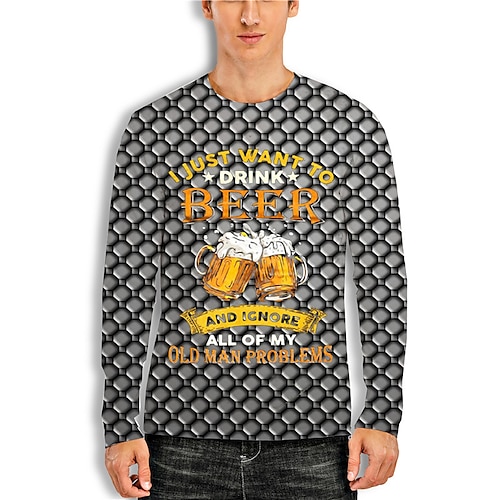 

Men's Unisex T shirt Tee 3D Print Graphic Prints Beer Crew Neck Street Daily Print Long Sleeve Tops Designer Basic Casual Big and Tall Green Blue Gray