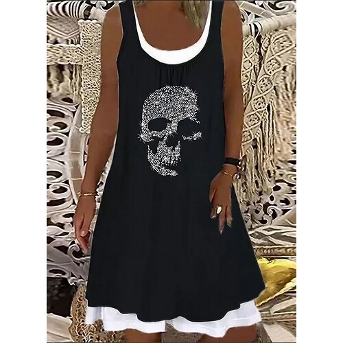 

Women's A Line Dress Knee Length Dress Black Sleeveless Print Patchwork Fake two piece Spring Summer U Neck Stylish Fashion Belt Not Included Loose 2022 S M L XL 2XL 3XL