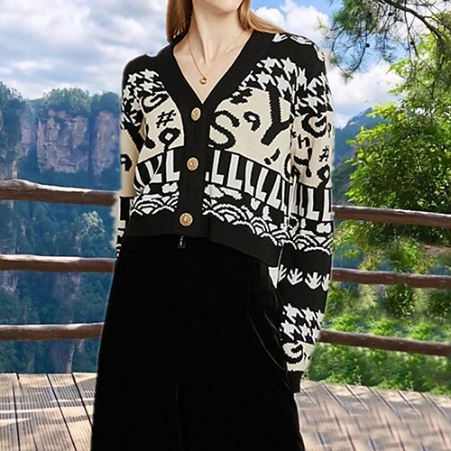

Women's Cardigan Sweater Jumper Crochet Knit Cropped Knitted Geometric V Neck Stylish Casual Daily Holiday Fall Winter Black S M L / Cotton / Long Sleeve