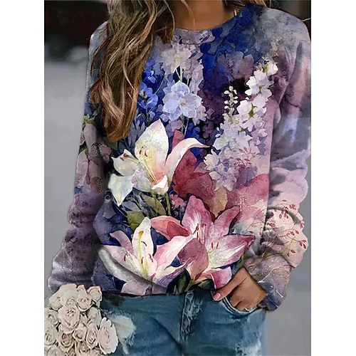 

Women's Sweatshirt Casual Print Purple Floral Loose Casual Round Neck Long Sleeve Cotton S M L XL XXL 3XL / 3D Print