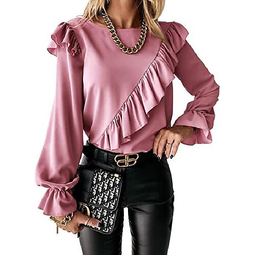 

women's round neck beveled ruffled flower long-sleeved shirt