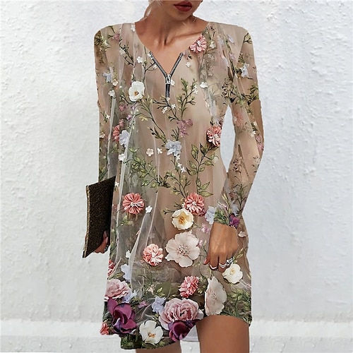 

Women's Casual Dress Black Khaki Long Sleeve Floral Zipper Fall Spring Autumn V Neck Winter Dress Fall Dress 2022 XS S M L XL 2XL 3XL 4XL 5XL 6XL