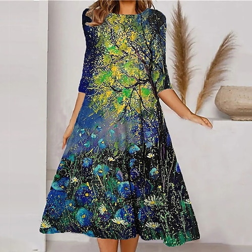 

Mulheres Vestido casual Vestido de turno Vestido midi Verde Azul Branco Manga 3/4 Floral Franzido Outono Primavera 2022 S M L XL XXL 3XL