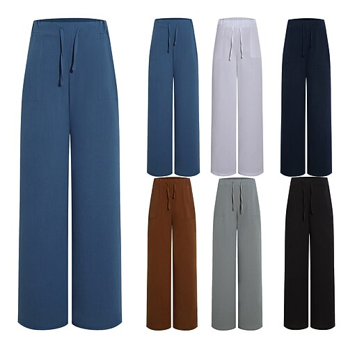 

Women's Culottes Wide Leg Pants Trousers Bell Bottom 100% Cotton Brown Navy Blue Light Blue Mid Waist Casual Yoga Casual Yoga Pocket Micro-elastic Full Length Breathable Solid Color S M L XL XXL