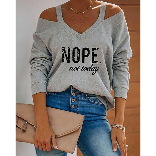 

Women's Shirt Letter Daily Weekend Shirt Long Sleeve Cut Out V Neck Casual Streetwear Gray S