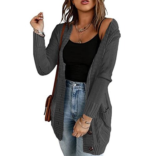

Women's Cardigan Sweater Jumper Crochet Knit Tunic Pocket Knitted Solid Color Open Front Stylish Casual Daily Holiday Fall Winter Black Gray S M L / Long Sleeve / Going out / Loose / Cotton