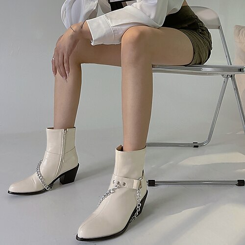 

Women's Boots Booties Ankle Boots Rivet Chunky Heel Pointed Toe Casual Party Daily PU Leather Zipper Fall Winter Solid Colored White Black