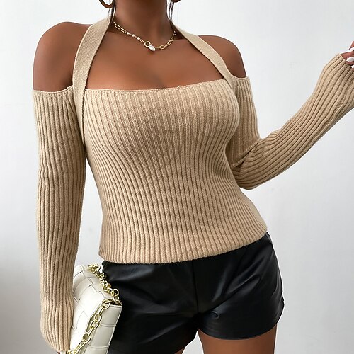 

Women's Plus Size Tops Blouse Plain Backless Long Sleeve Halter Neck Streetwear Daily Vacation Acrylic Fall Spring Coffee