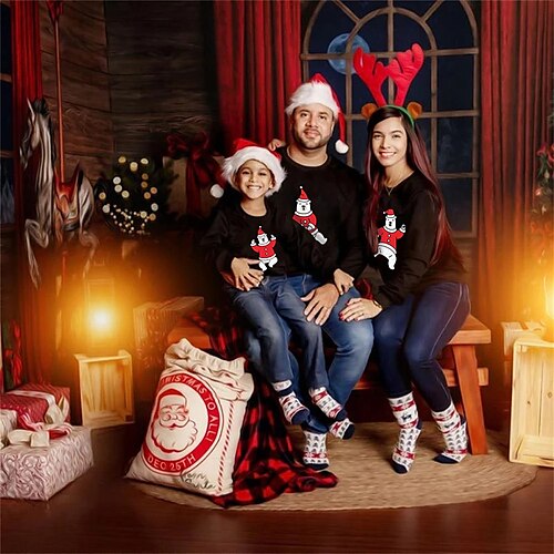 

Family Look Christmas Sweatshirt Bear Christmas pattern Daily Print Black Long Sleeve Adorable Matching Outfits