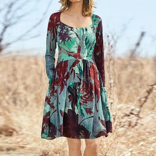 

Women's Casual Dress A Line Dress Knee Length Dress Green Long Sleeve Floral Print Pocket Print Fall Winter Square Neck Stylish Casual Loose 2022 S M L XL XXL 3XL