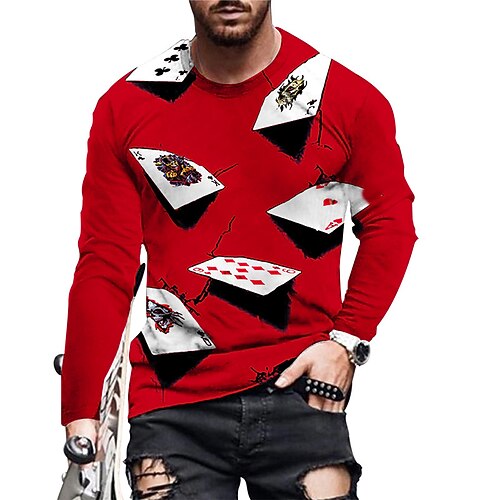

Men's Unisex T shirt Tee Graphic Prints Poker Crew Neck Blue Red Long Sleeve 3D Print Outdoor Street Print Tops Basic Sports Designer Casual
