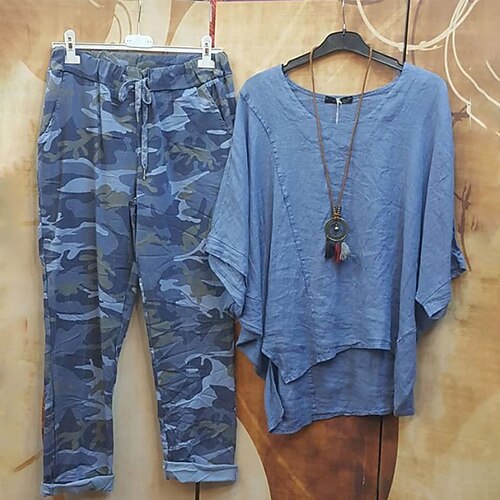 

Women's Plus Size Tops Set Plain Asymmetric 3/4 Length Sleeve Crewneck Streetwear Daily Vacation Cotton Fall Spring Blue