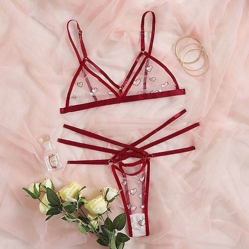 

Women's Sexy Three-Point Love Mesh Perspective Temptation Suit