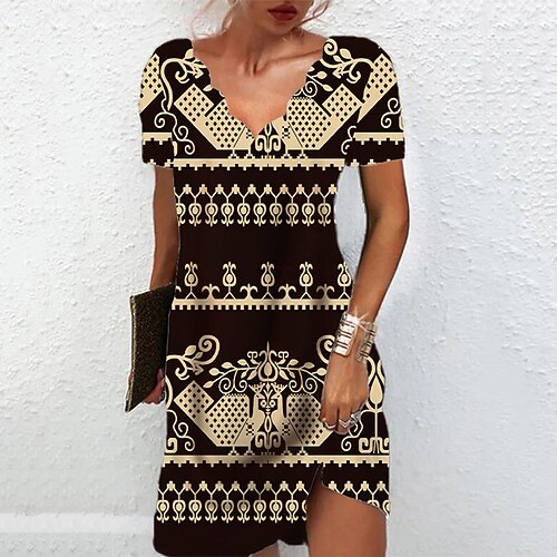 

Women's Casual Dress Shift Dress Knee Length Dress Yellow Short Sleeve Floral Geometric Print Spring Summer V Neck Casual Vacation 2022 S M L XL XXL 3XL