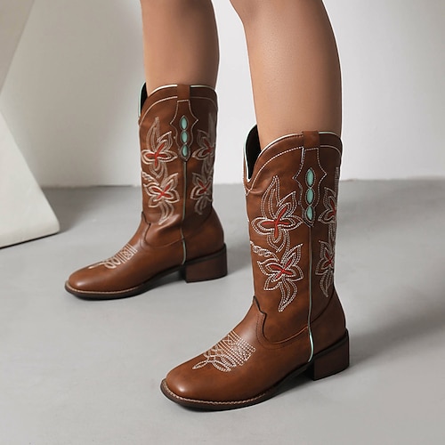 

Women's Boots Cowboy Boots Mid Calf Boots Embroidery Chunky Heel Square Toe Vintage Daily PU Leather Loafer Fall Winter Color Block Dark Brown Black