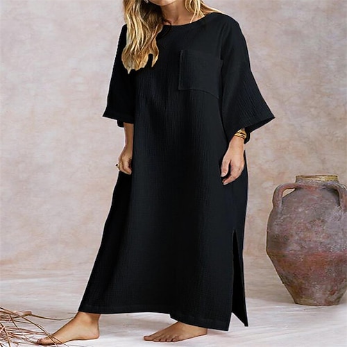 

Women's Shift Dress Maxi long Dress Black Khaki 3/4 Length Sleeve Pure Color Split Pocket Fall Crew Neck Casual Linen S M L XL 2XL 3XL