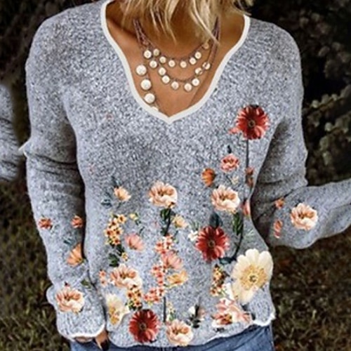 

Women's Pullover Sweater Jumper Ribbed Knit Knitted Print Floral V Neck Stylish Casual Daily Holiday Fall Winter Gray S M L / Long Sleeve