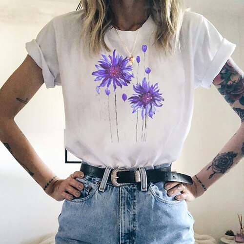 

Women's T shirt Tee Floral Casual Weekend Floral Painting T shirt Tee Short Sleeve Print Round Neck Basic White Black Light Green S