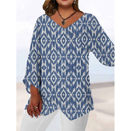 

Women's Plus Size Tops Blouse Shirt Geometry Print Long Sleeve V Neck Casual Daily Going out Polyester Fall Winter Navy Blue / 3D Print