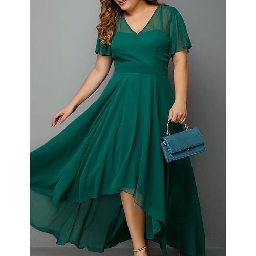 

Women's Plus Size Party Dress Solid Color V Neck Layered Short Sleeve Spring Summer Elegant Vintage Maxi long Dress Formal Date Dress