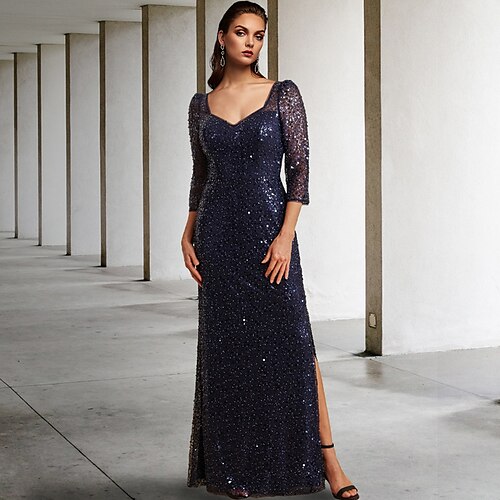 

Sheath / Column Mother of the Bride Dress Elegant Sparkle & Shine Square Neck Floor Length Tulle Sequined 3/4 Length Sleeve with Beading Sequin Split Front 2022