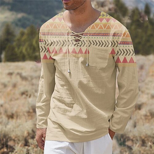

Men's Unisex T shirt Tee 3D Print Graphic Prints Geometry V Neck Street Daily Lace up Print Long Sleeve Tops Designer Basic Casual Big and Tall Khaki
