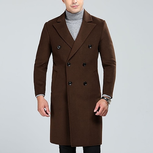 

Men's Casual Overcoat Long Regular Fit Solid Colored Double Breasted Six-buttons Black Camel Navy Blue 2022