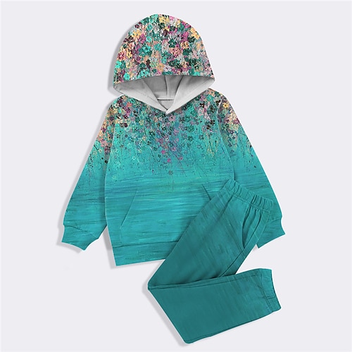 

2 Pieces Kids Girls' Hoodie & Pants HoodieSet Clothing Set Outfit Floral Long Sleeve Print Set Outdoor Active Fashion Daily Winter Fall 3-12 Years Green Blue