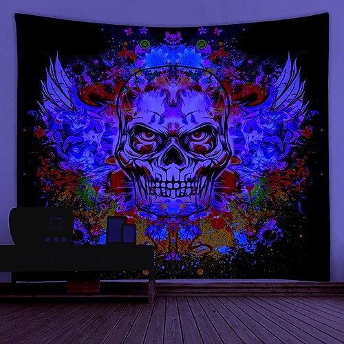 

Halloween Blacklight UV Reactive Wall Tapestry Art Decor Blanket Curtain Hanging Home Bedroom Decoration Polyester Skull