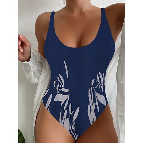 

Mulheres Roupa de Banho Uma pedaço Monoquíni Fatos de banho Normal roupa de banho Compressão abdominal Estampado Cintura alta Folhas Azul Marinha Com Alças Fatos de banho Sensual Férias Moda / novo