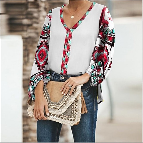 

Women's Blouse Geometric Daily Weekend Blouse Shirt Long Sleeve Print V Neck Casual White Blue Purple S