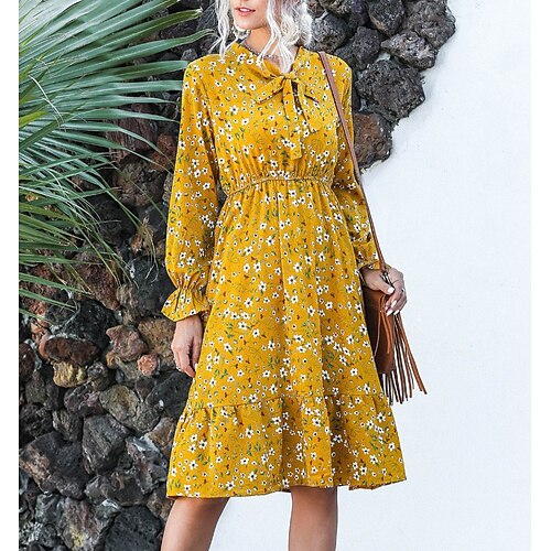 

Women's A Line Dress Floral Dress Knee Length Dress Pink Yellow Red Long Sleeve Floral Print Fall Winter Crew Neck Fashion Modern Slim 2022 S M L XL / Summer / Casual Dress